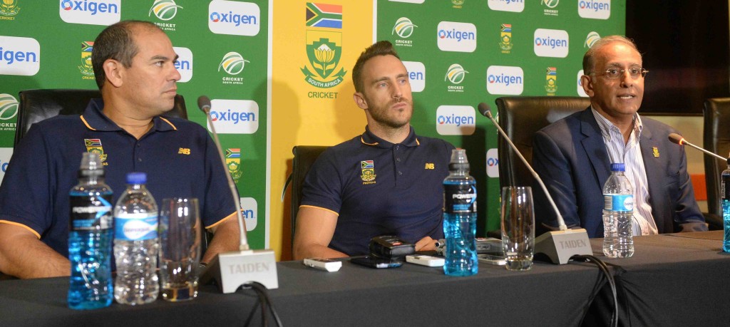 Russell Domingo, Faf du Plessis and Haroon Lorgat face the media