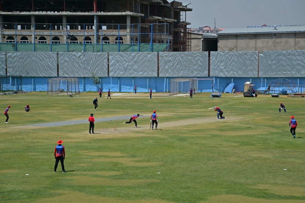 Afghanistan's national cricket team players attend a training session at the Kabul International Cricket Ground in Kabul on August 21, 2021, ahead of their one-day series against Pakistan, scheduled to take place in Sri Lanka in two weeks. (Photo by HOSHANG HASHIMI / AFP)