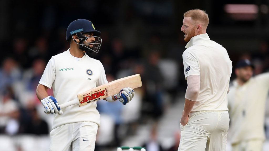 LONDON, ENGLAND - SEPTEMBER 08: Ben Stokes of England speaks with India captain Virat Kohli during day two of the Specsavers 5th Test match between England and India at The Kia Oval on September 8, 2018 in London, England. (Photo by Gareth Copley/Getty Images)