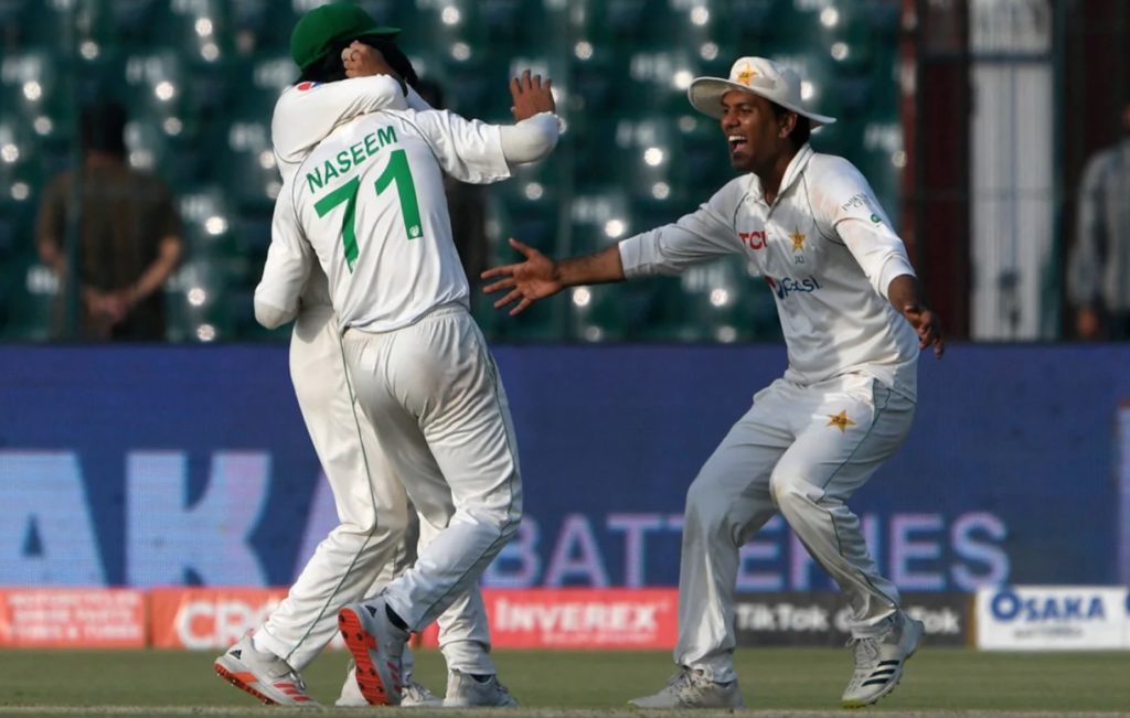 Naseem Shah celebrates wicket Pak Aus 22 Mar 22