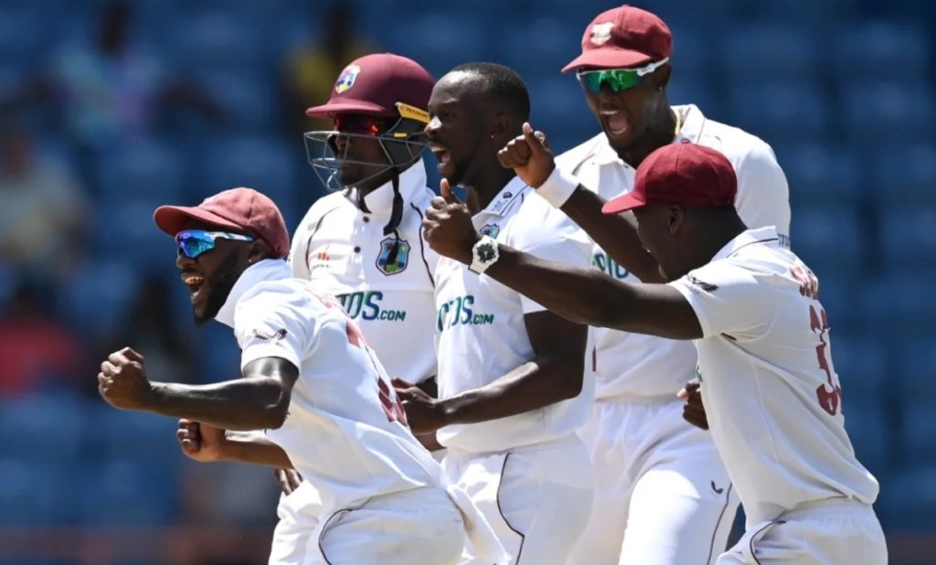 West Indies celebrate last England wicket