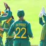 DUNEDIN, NEW ZEALAND - MARCH 05: Ayabonga Khaka of South Africa celebrates with team mates after dismissing Murshida Khatun of Bangladesh during the 2022 ICC Women's Cricket World Cup match between Bangladesh and South Africa at University Oval on March 05, 2022 in Dunedin, New Zealand. (Photo by Joe Allison-ICC/ICC via Getty Images)