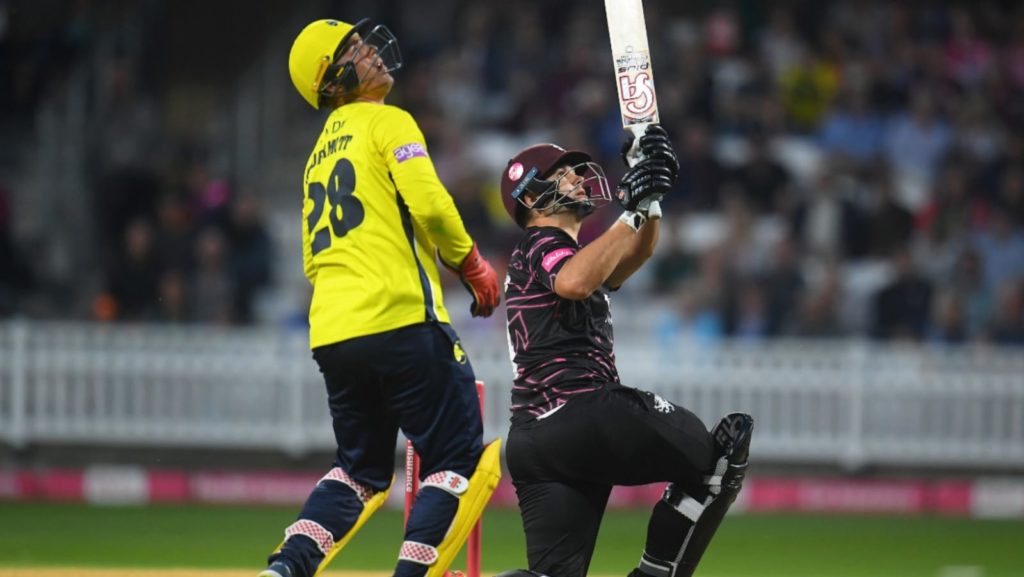 Rilee Rossouw of Somerset plays a shot as Ben McDermott of Hampshire Hawks keeps during the Vitality T20 Blast match between Somerset and Hampshire Hawks