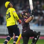 Rilee Rossouw of Somerset plays a shot as Ben McDermott of Hampshire Hawks keeps during the Vitality T20 Blast match between Somerset and Hampshire Hawks