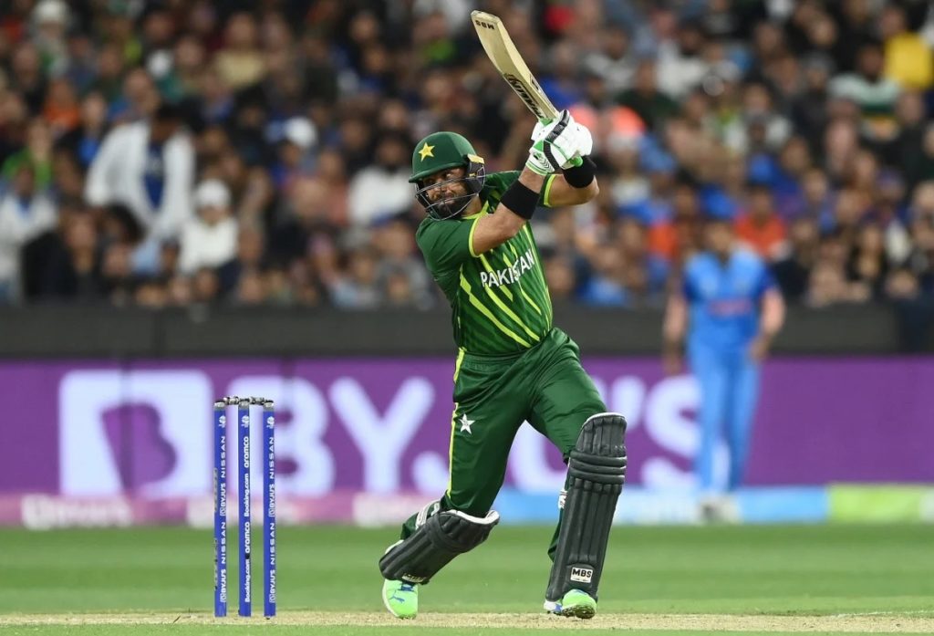 Pakistan's Iftikhar Ahmed lifts off against India