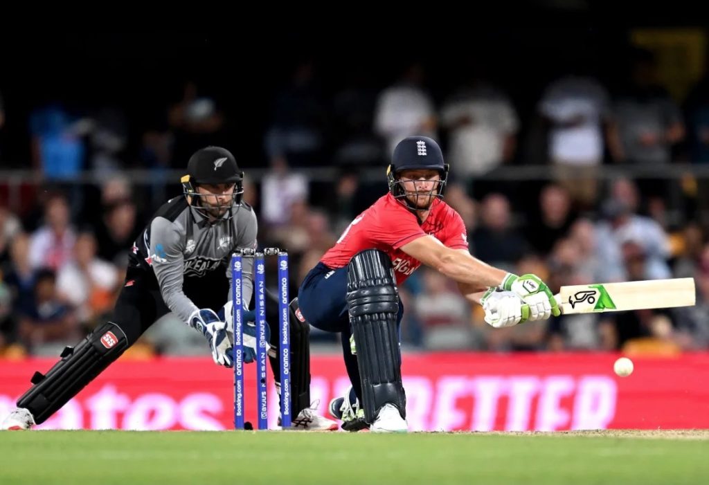 England captain Jos Buttler uses a reverse sweep against New Zealand at the T20 World Cup