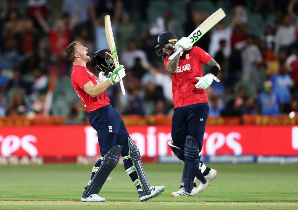 Jos Buttler and Alex Hales celebrate England beating India at the T20 World Cup