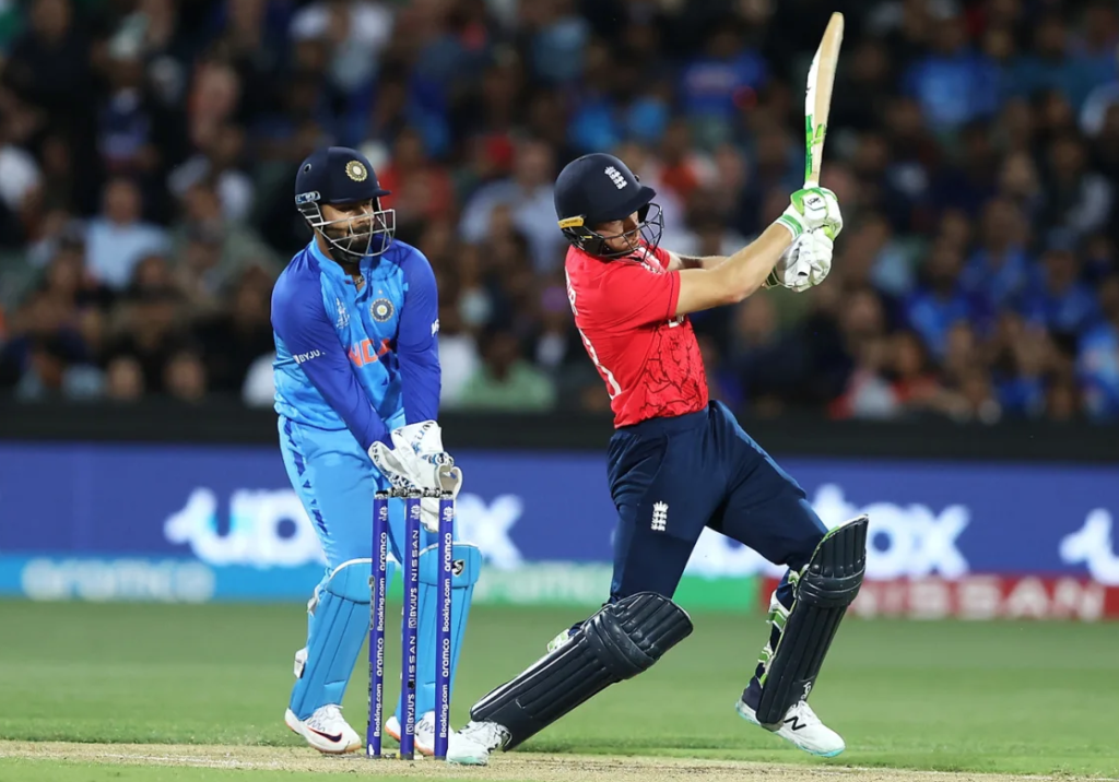 Jos Buttler swivels and pulls against India in the T20 World Cup semi-final