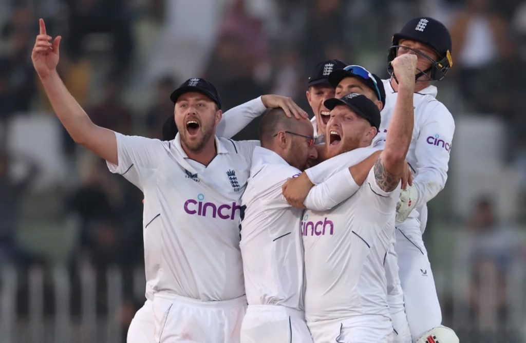 England celebrate the moment of victory as Jack Leach seals the first Test