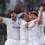 England celebrate the moment of victory as Jack Leach seals the first Test