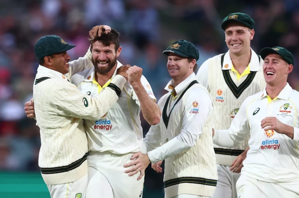 Michael Neser celebrates after getting a wicket for Australia