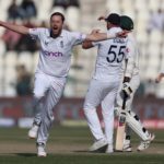 Ollie Robinson celebrates taking the winning wicket against Pakistan