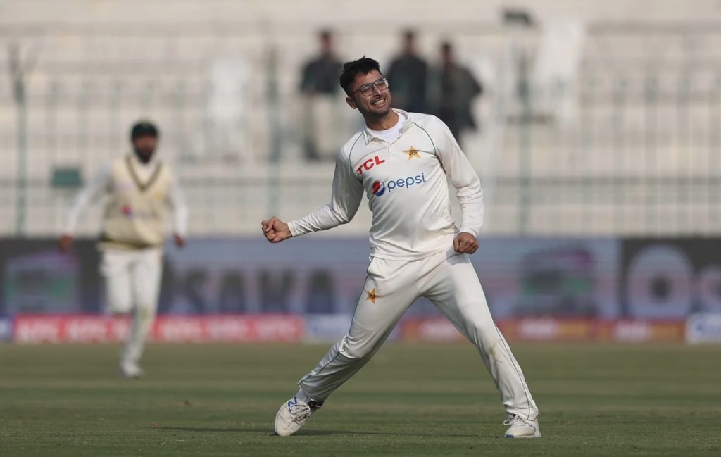 Pakistan spinner Abrar Ahmed celebrates another wicket against England