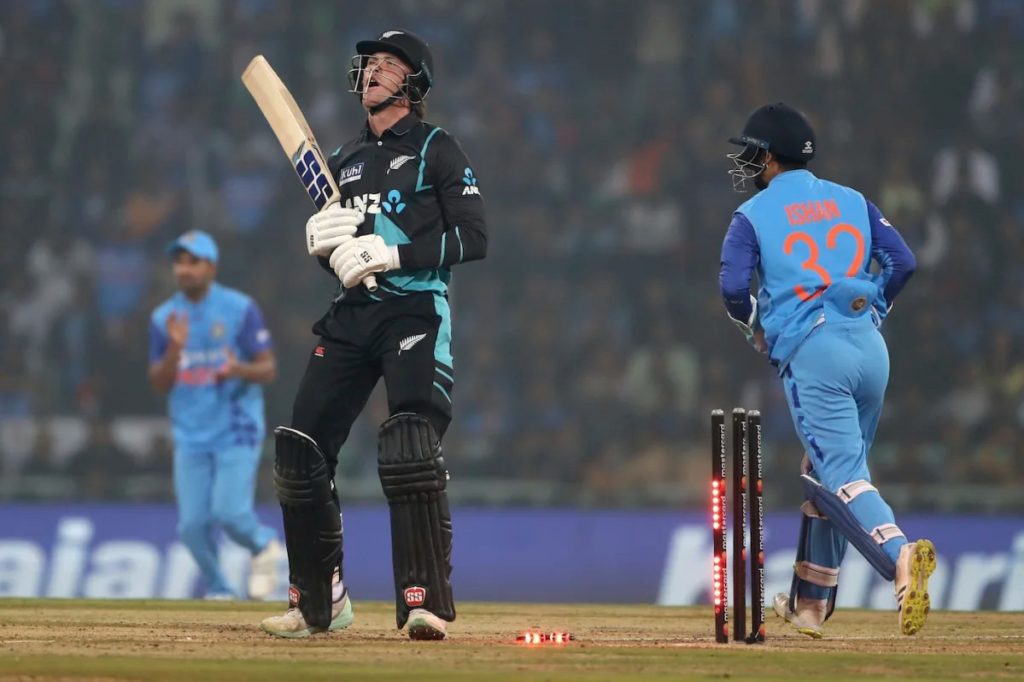 New Zealand's Finn Allen dismissed against by India at Ekana Cricket Stadium