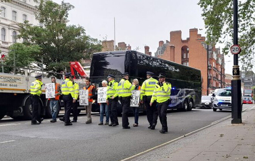 Protestors England bus