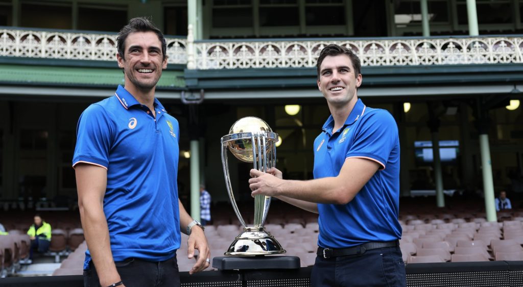 Mitchell Starc Pat Cummins CWC trophy Mark Evans Getty Images