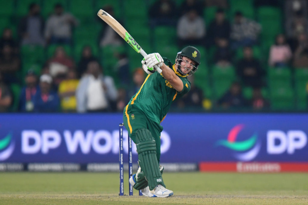 LAHORE, PAKISTAN - MARCH 05: David Miller of South Africa bats during the ICC Champions Trophy 2025 semi final between South Africa and New Zealand at Gaddafi Stadium on March 05, 2025 in Lahore, Pakistan. (Photo by Sameer Ali/Getty Images)
