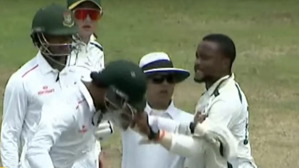 SA bowler grabs batsman's helmet
