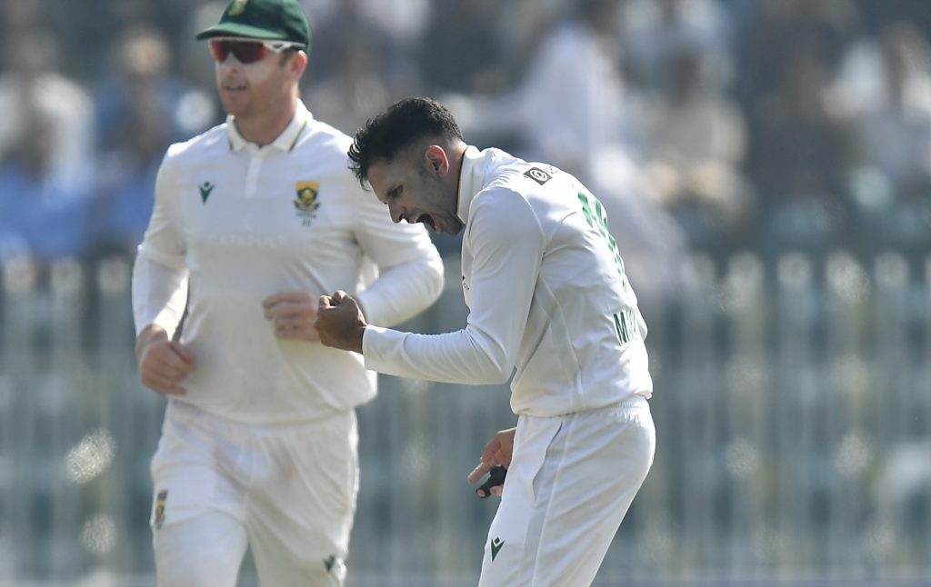 Keshav Maharaj celebrates 21 Oct 2025 Sameer Ali Getty Images