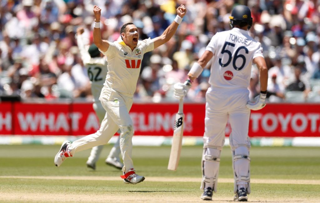 ADELAIDE, AUSTRALIA - DECEMBER 21: Scott Boland of Australia celebrates the wicket of Josh Tongue of England for 1 run to win the match and the series during day five of the Third Test Match in the 2025-26 Ashes Series between Australia and England at Adelaide Oval on December 21, 2025 in Adelaide, Australia. (Photo by Darrian Traynor/Getty Images)