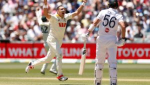 ADELAIDE, AUSTRALIA - DECEMBER 21: Scott Boland of Australia celebrates the wicket of Josh Tongue of England for 1 run to win the match and the series during day five of the Third Test Match in the 2025-26 Ashes Series between Australia and England at Adelaide Oval on December 21, 2025 in Adelaide, Australia. (Photo by Darrian Traynor/Getty Images)