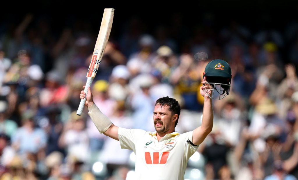 ADELAIDE, AUSTRALIA - DECEMBER 19: Travis Head of Australia celebrates scoring a century during day three of the Third Test Match in the 2025-26 Ashes Series between Australia and England at Adelaide Oval on December 19, 2025 in Adelaide, Australia. (Photo by Quinn Rooney/Getty Images)