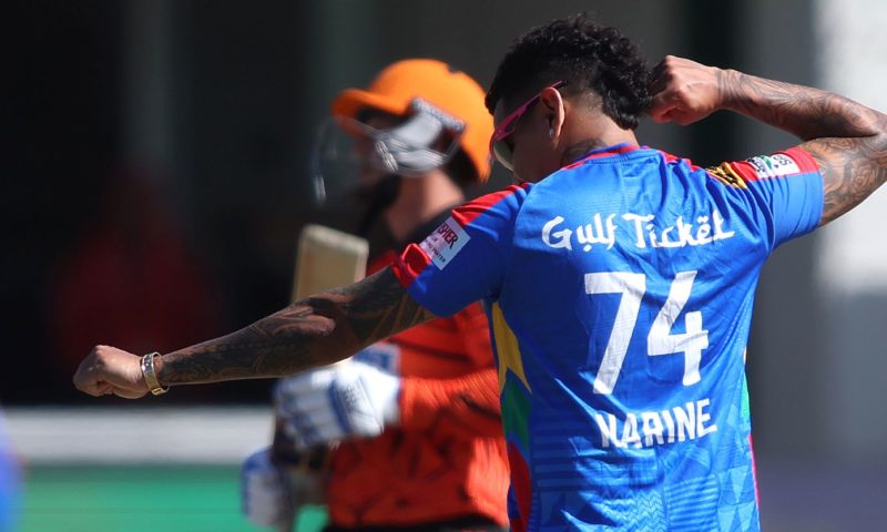 Sunil Narine of Durban Super Giants celebrates getting the wicket of Quinton De Kock of Sunrisers Eastern Cape during match 21 of the Betway SA20 season 4 between Sunrisers Eastern Cape (SEC) and the Durban Super Giants (DSG) held at St George's Park in Gqeberha (Port Elizabeth), South Africa on the 11th January 2026