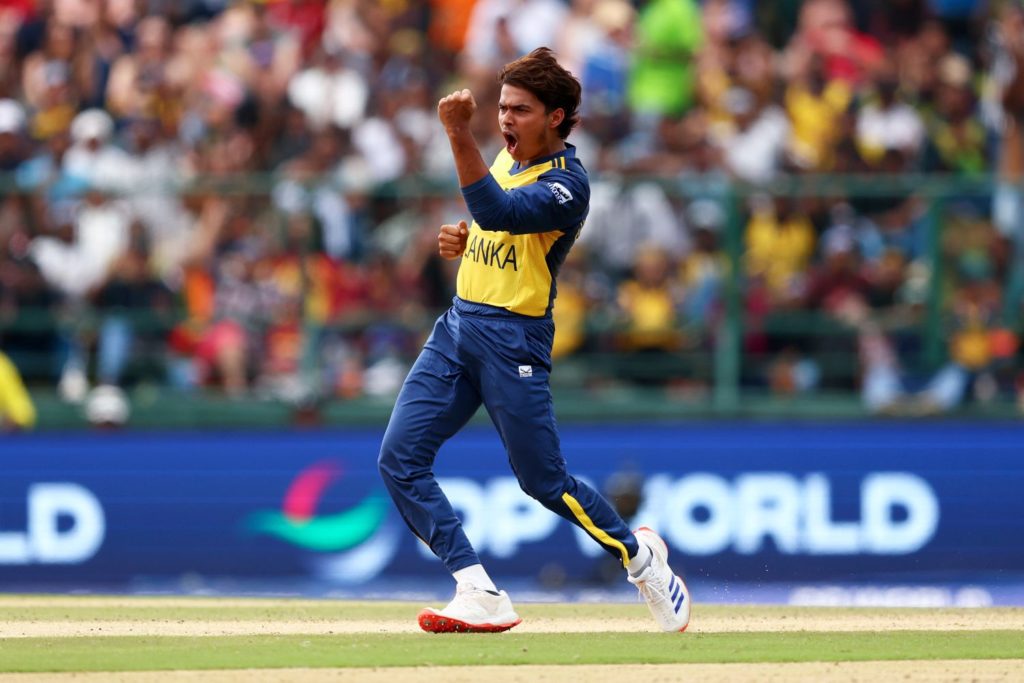 KANDY, SRI LANKA - FEBRUARY 22: Dunith Wellalage of Sri Lanka celebrates taking the wicket of Harry Brook of England during the ICC Men's T20 World Cup India & Sri Lanka 2026 Super 8 match between Sri Lanka and England at Pallekele Cricket Stadium on February 22, 2026 in Kandy, Sri Lanka. (Photo by Robert Cianflone/Getty Images)