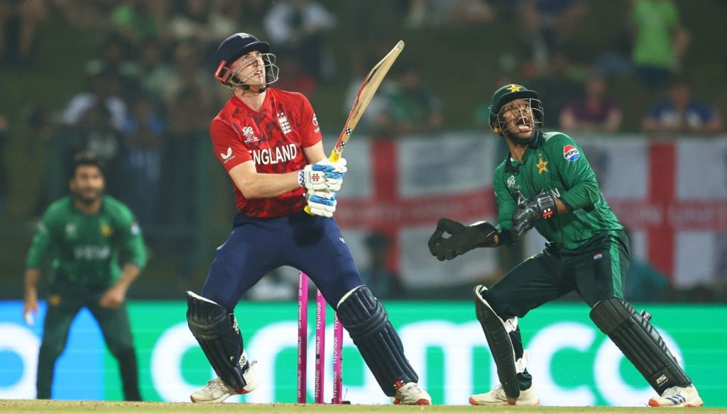 KANDY, SRI LANKA - FEBRUARY 24: Harry Brook of England plays a shot as Usman Khan of Pakistan keeps during the ICC Men's T20 World Cup India & Sri Lanka 2026 Super 8 match between England and Pakistan at Pallekele Cricket Stadium on February 24, 2026 in Kandy, Sri Lanka. (Photo by Robert Cianflone/Getty Images)