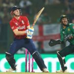 KANDY, SRI LANKA - FEBRUARY 24: Harry Brook of England plays a shot as Usman Khan of Pakistan keeps during the ICC Men's T20 World Cup India & Sri Lanka 2026 Super 8 match between England and Pakistan at Pallekele Cricket Stadium on February 24, 2026 in Kandy, Sri Lanka. (Photo by Robert Cianflone/Getty Images)