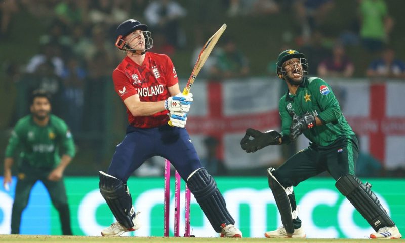 KANDY, SRI LANKA - FEBRUARY 24: Harry Brook of England plays a shot as Usman Khan of Pakistan keeps during the ICC Men's T20 World Cup India & Sri Lanka 2026 Super 8 match between England and Pakistan at Pallekele Cricket Stadium on February 24, 2026 in Kandy, Sri Lanka. (Photo by Robert Cianflone/Getty Images)