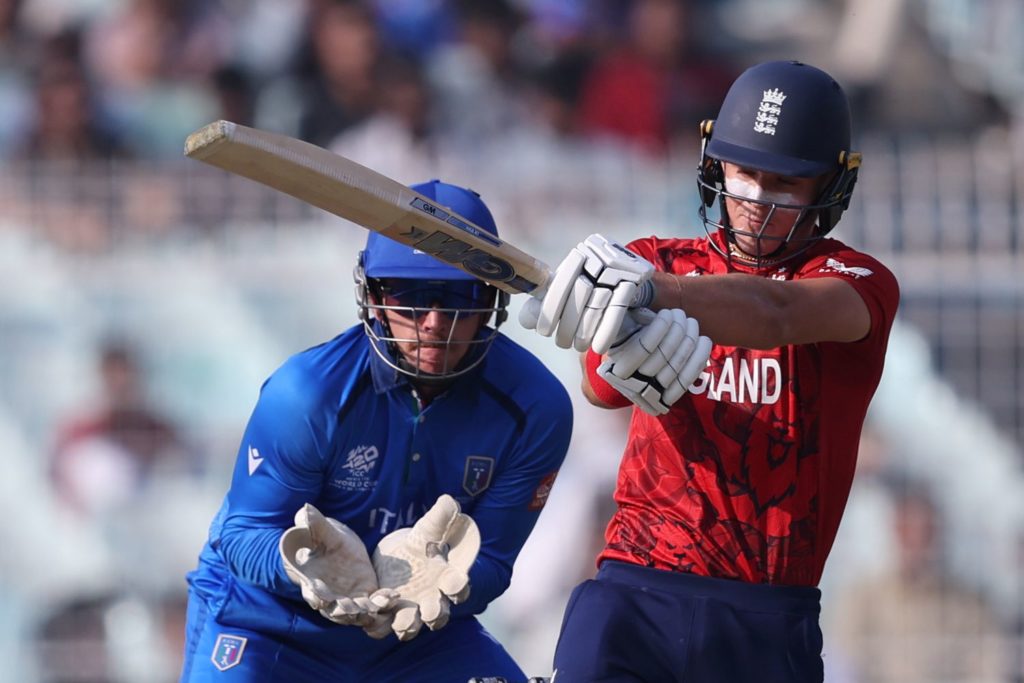 KOLKATA, INDIA - FEBRUARY 16: Jacob Bethell of England bats during the ICC Men's T20 World Cup India & Sri Lanka 2026 match between England and Italy at Eden Gardens on February 16, 2026 in Kolkata, India. (Photo by Pankaj Nangia/Getty Images)
