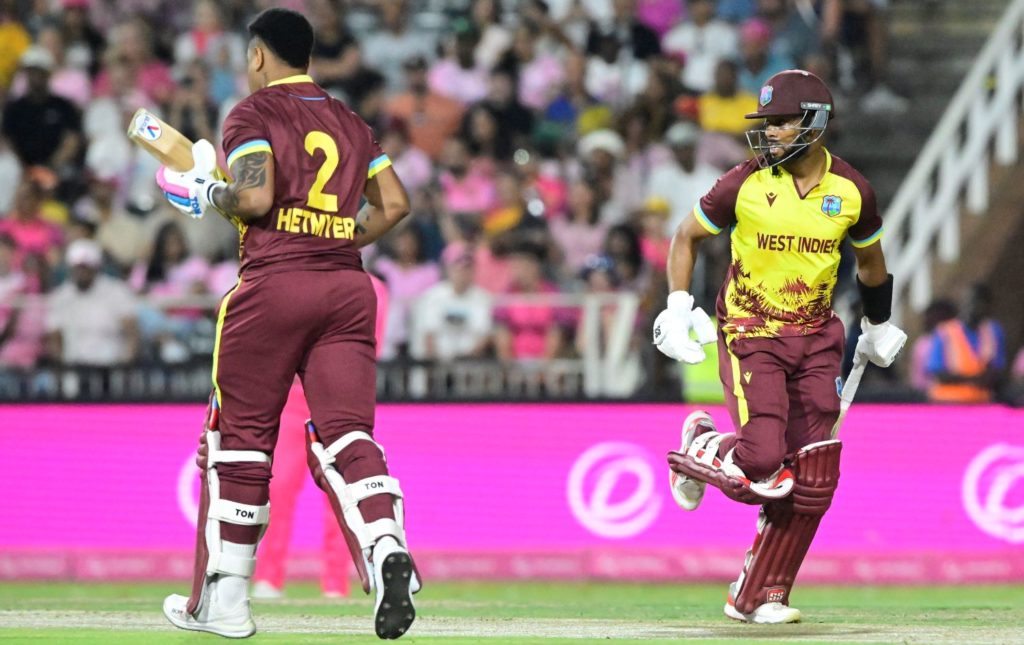 JOHANNESBURG, SOUTH AFRICA - JANUARY 31: Shai Hope and Shimron Hetmyer of the West Indies during the 3rd KFC T20I match between South Africa and West Indies at DP World Wanderers Stadium on January 31, 2026 in Johannesburg, South Africa. (Photo by Sydney Seshibedi/Gallo Images/Getty Images)
