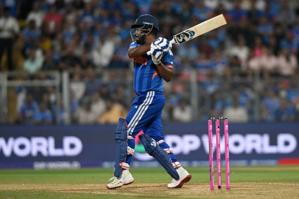 MUMBAI, INDIA - MARCH 05: Sanju Samson of India bats during the ICC Men's T20 World Cup India & Sri Lanka 2026 Semi-Final match between India and England at Wankhede Stadium on March 05, 2026 in Mumbai, India. (Photo by Prakash Singh/Getty Images)