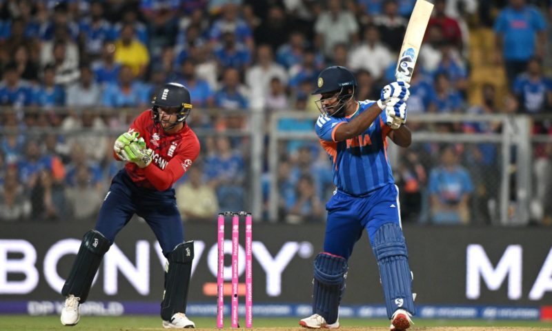 MUMBAI, INDIA - MARCH 05: Sanju Samson of India bats watched by England wicketkeeper Jos Buttler during the ICC Men's T20 World Cup India & Sri Lanka 2026 Semi-Final match between India and England at Wankhede Stadium on March 05, 2026 in Mumbai, India. (Photo by Prakash Singh/Getty Images)