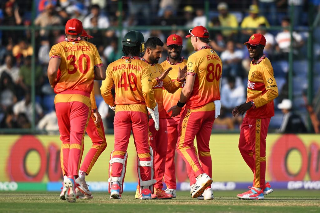 DELHI, INDIA - MARCH 01: Sikandar Raza of Zimbabwe celebrates the wicket of Aiden Markram of South Africa during the ICC Men's T20 World Cup India & Sri Lanka 2026 Super 8 match between Zimbabwe and South Africa at Arun Jaitley Stadium on March 01, 2026 in Delhi, India. (Photo by Prakash Singh/Getty Images)