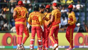 DELHI, INDIA - MARCH 01: Sikandar Raza of Zimbabwe celebrates the wicket of Aiden Markram of South Africa during the ICC Men's T20 World Cup India & Sri Lanka 2026 Super 8 match between Zimbabwe and South Africa at Arun Jaitley Stadium on March 01, 2026 in Delhi, India. (Photo by Prakash Singh/Getty Images)